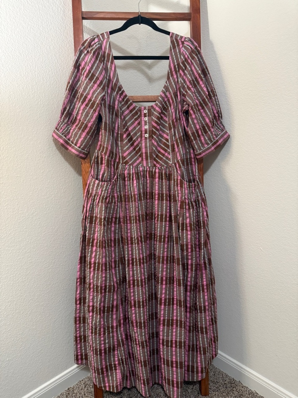 Free People Tulie Pink and Brown Plaid Midi Dress with Puff Sleeves Size LG NWT